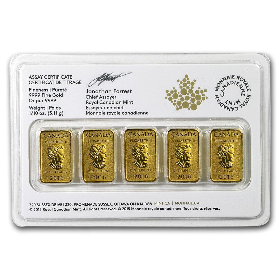 1/2 oz Royal Canadian Mint Legal Tender Gold Bars (Set of 5 x 1/10 oz, Any Year)